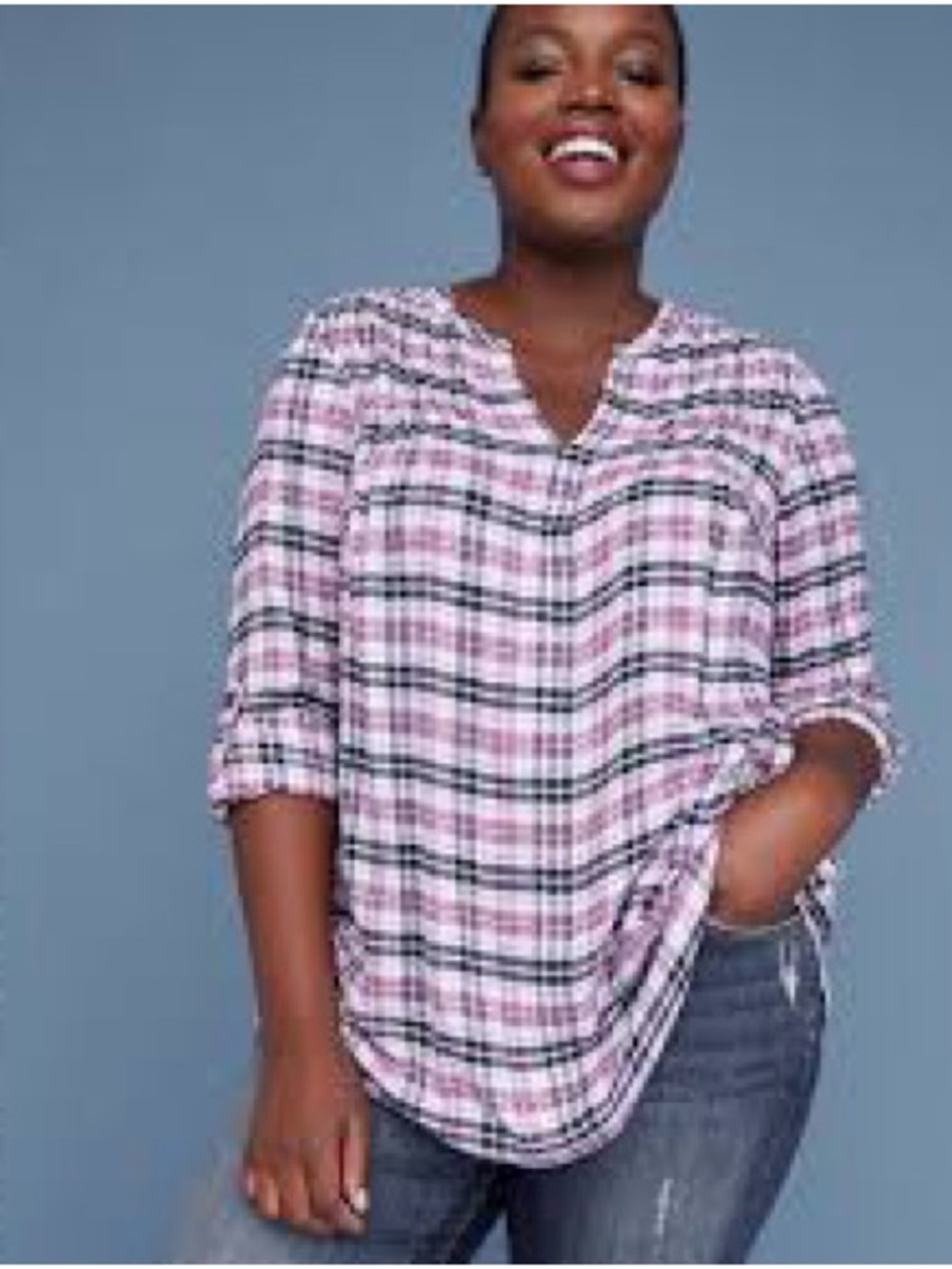 Lane Bryant Purple, White & Black Plaid V-Neck Flannel Top 18/20